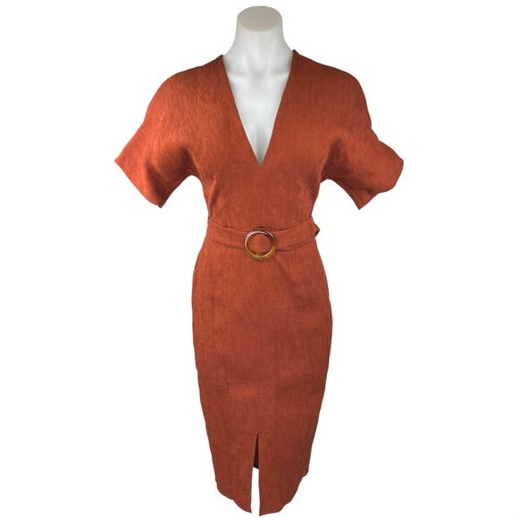 NEW ASOS Brown V-neck Short Sleeve Belted Knee Length Midi Pencil Sheath Dress 0 - Picture 2 of 6